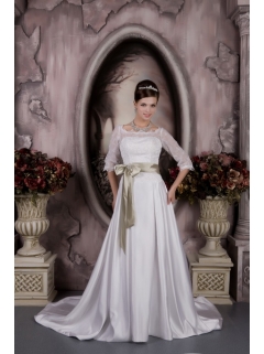 Modest Empire Bateau Court Train Satin Sash and Appliques Wedding Dress
