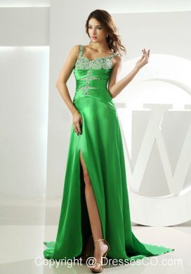 Beading Straps Prom Dress Watteau Elastic Woven Satin Column Spring Green