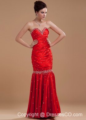 Wine Red Prom / Evening Dress With Beaded Long Taffeta Column
