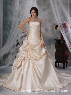 Champagne A-Line / Princess Strapless Court Train Taffeta Ruched Wedding Dress