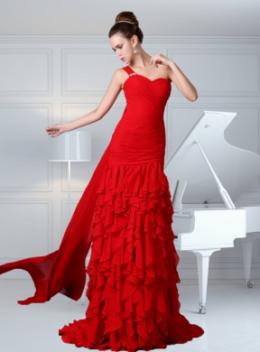 One Shoulder Ruching Column Chiffon Watteau Train Prom Dress in Red