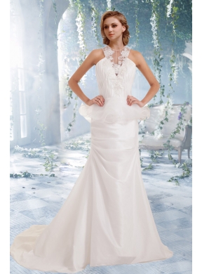 Garden Mermaid Appliques Brush Train Wedding Dress with High Neck for