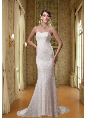 White Strapless Mermaid Lace Wedding Dress with Brush Train
