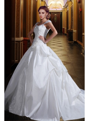 Puffy Wide Straps Wedding Dress with Appliques and Ruffles