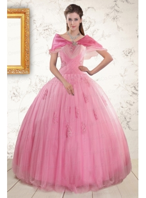 Elegant Pink Quinceaneras Dress with Appliques and Beading
