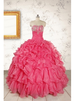 Hot Pink Strapless Beading and Ruffles Ball Gown Quinceanera Dresses