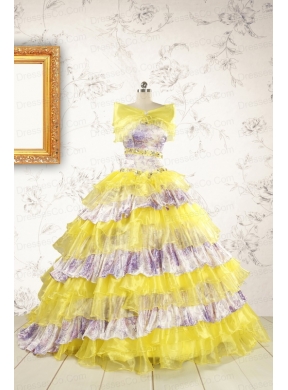 Popular Beading Yellow Sweet 15 Dress with Sweep Train