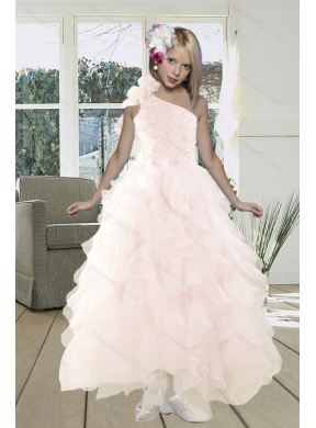 Gorgeous A Line One Shoulder Baby Pink Prom Dress with Beading and Ruffles