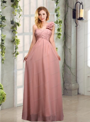 Empire Ruching One Shoulder Bridesmaid Dress with Hand Made Flowers