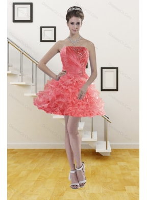 New Style Watermelon Red Strapless Prom Gown with Beading and Ruffles