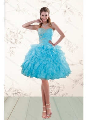 Fashionable Modest Baby Blue Beaded Prom Gown with Ruffles