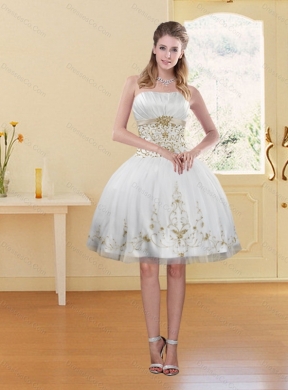 Modest Fashionable White Strapless Prom Dress with Embroidery
