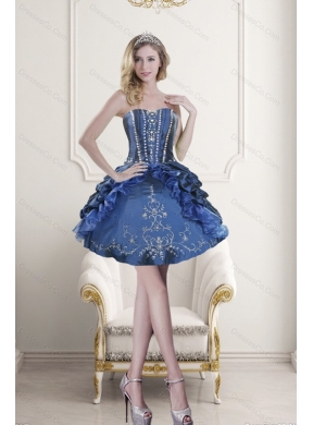 Popular Modest Blue Embroidery and Beading Prom Dress