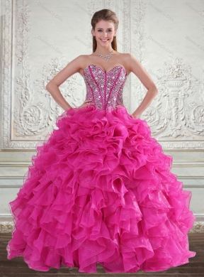 Pretty Hot Pink Quinceanera Gown with Beading and Ruffles