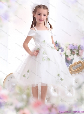 Cheap Spaghetti Straps White Flower Girl Dress with Hand Made Flowers