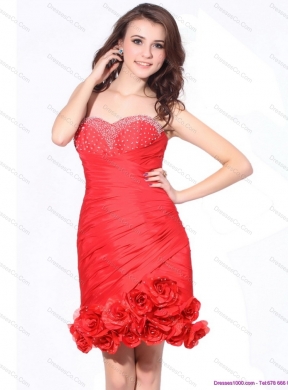 Beading Red Prom Dress with Hand Made Flowers and Ruching