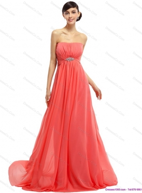 Watermelon Beading Long Prom Dress with Ruching and Sweep Train