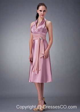 Custom Made Light Pink Empire Halter Bridesmaid Dress Satin Beading Tea-length