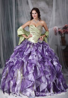 Colorful Ball Gown Long Taffeta And Organza Beading And Ruffles Quinceanea Dress