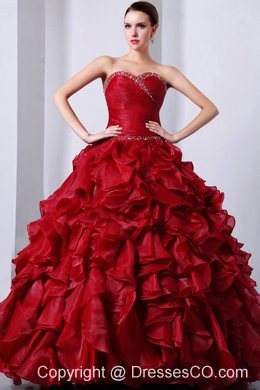 Wine Red A-line / Princess Long Organza Beading And Ruffles Quinceanea Dress