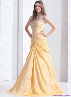 Brush Train Gold Prom Dress with Ruching and Beading