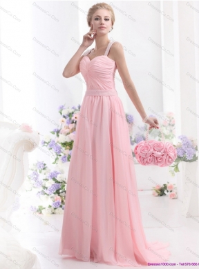 Remarkable Baby Pink Prom Dress with Brush Train and Ruching