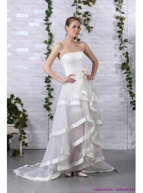 Detachable White Strapless Short Wedding Dress with Brush Train and Bownot