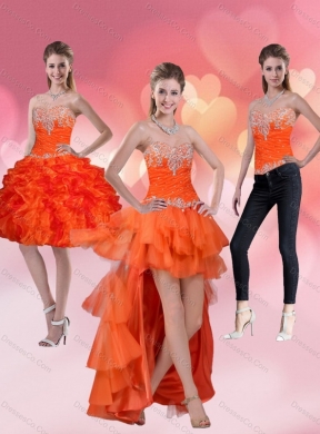 High Low Orange Red Detachable Prom Dress with Ruffles and Beading