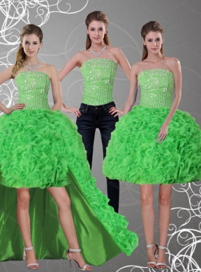 New Style Spring Green Strapless Detachable Prom Dress with Beading and Ruffles