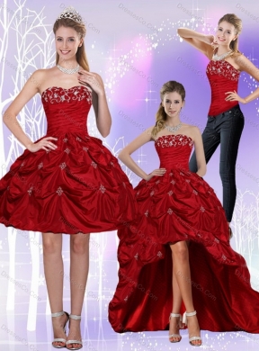 New Style Strapless Wine Red Detachable Prom Dress with Embroidery