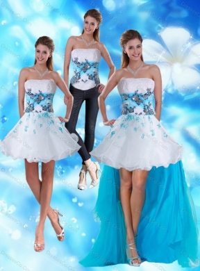 Strapless White and Blue Detachable Prom Dress with Appliques and Beading