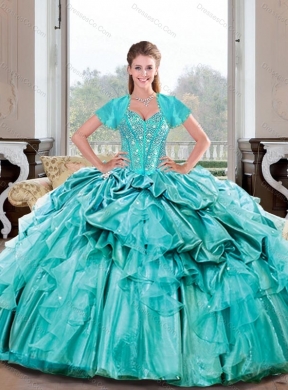 Wonderful Beading and Ruffles Turquoise Quinceanera Dress Spring