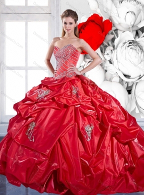 Cheap Beading and Appliques Red Quinceanera Dress with Brush Train and Pick Ups