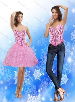 New Style Rose Pink Prom Dress with Beading and Ruffles
