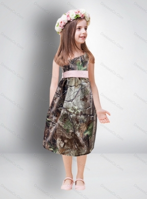 Cheap One Shoulder Tea Length Camo Flower Girl Dresses