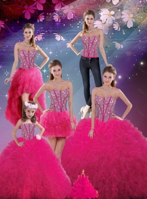 Detachable Beaded and Ruffles Wonderful Quinceanera Skirts in Hot Pink