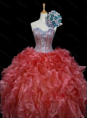 New Style Ball Gown Sweet Sixteen Dress with Sequins and Ruffles in Rust Red