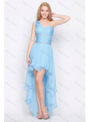 Affordable One Shoulder Beading High Low Prom Dress in Baby Blue