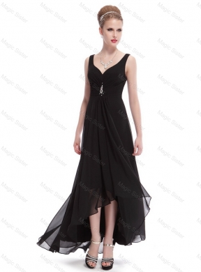 Popular Beaded Straps Black Prom Dress with High Low