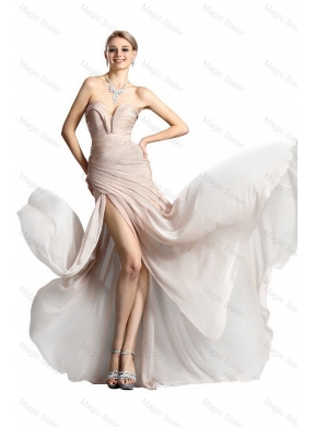 Cheap Column Brush Train Prom Dress with High Slit