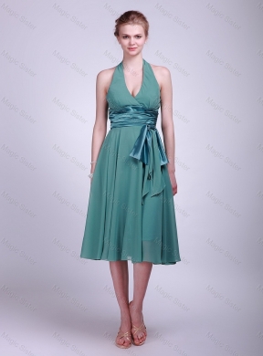 Cheap Lovely Discount Halter Top Short Turquoise Prom Dress with Ribbons