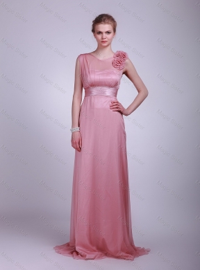 Elegant Latest Most Popular Hand Made Flowers and Belt Prom Dress in Pink