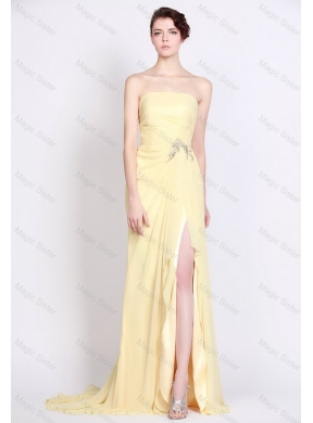 Beautiful Strapless Beaded and High Slit Prom Dress in Yellow