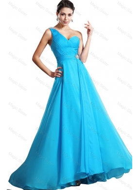Classical Luxurious Latest Elegant One Shoulder Aqua Blue Prom Dress with Brush Train