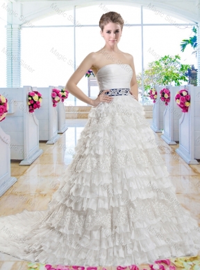 Popular Belt and Laced Bridal Gowns with Ruffled Layers