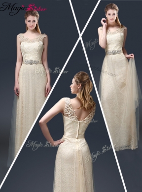 Empire Lace Prom Dress with Appliques in Champagne