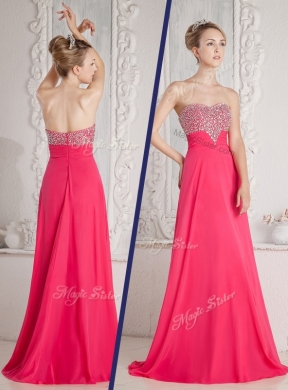 Romantic Empire Beading Bridesmaid Dress in Coral Red