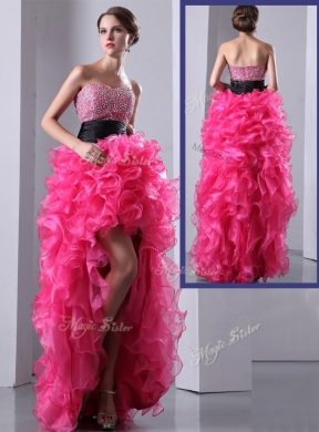 Exquisite High Low Hot Pink Dama Dress with Ruffles