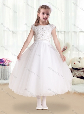 Sweet Bateau Cap Sleeves irls Party Dress with Appliques