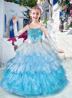 Customized Straps Little Girl Pageant Dress with Ruffled Layers and Appliques